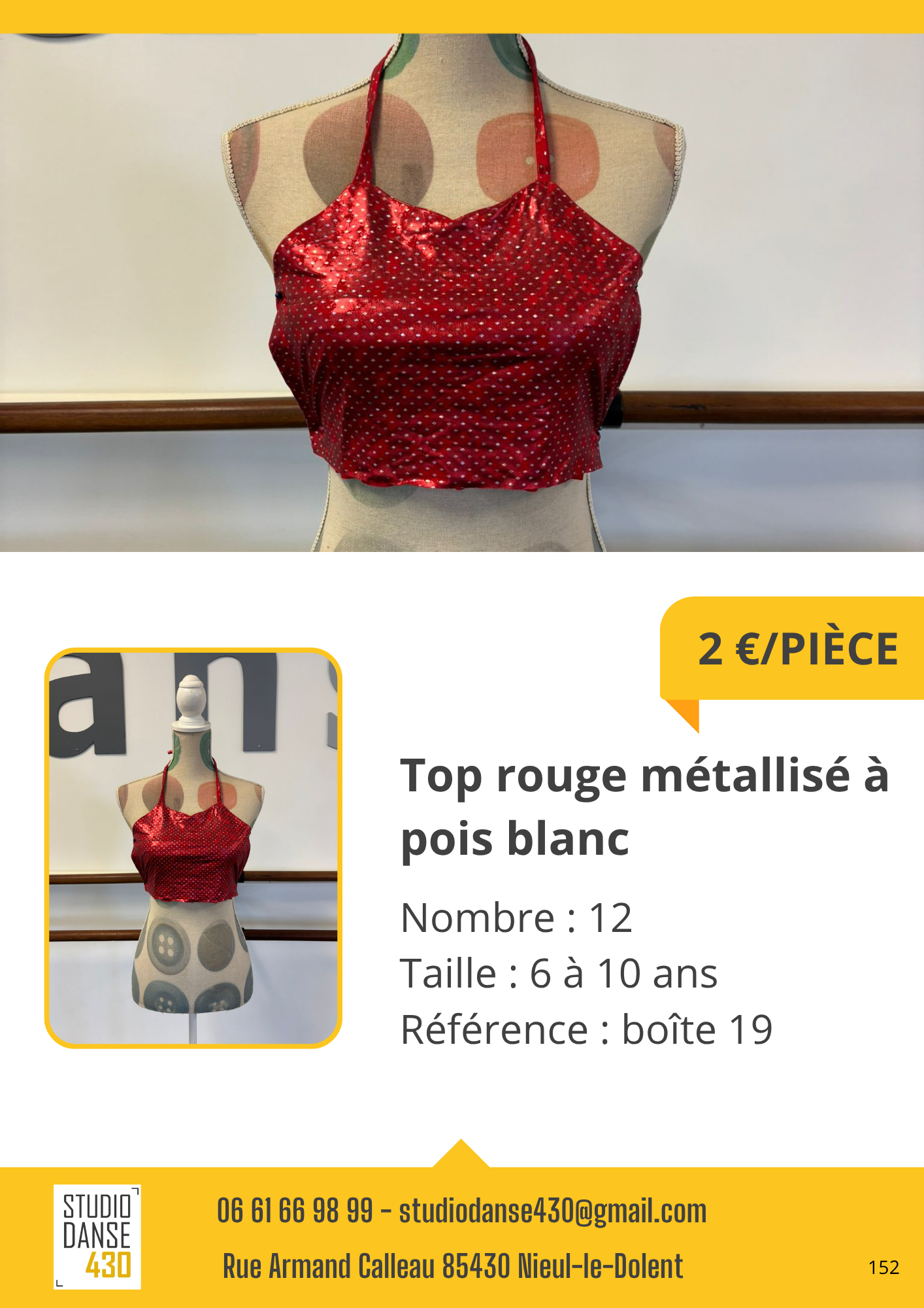 Top rouge métallisé à pois blanc