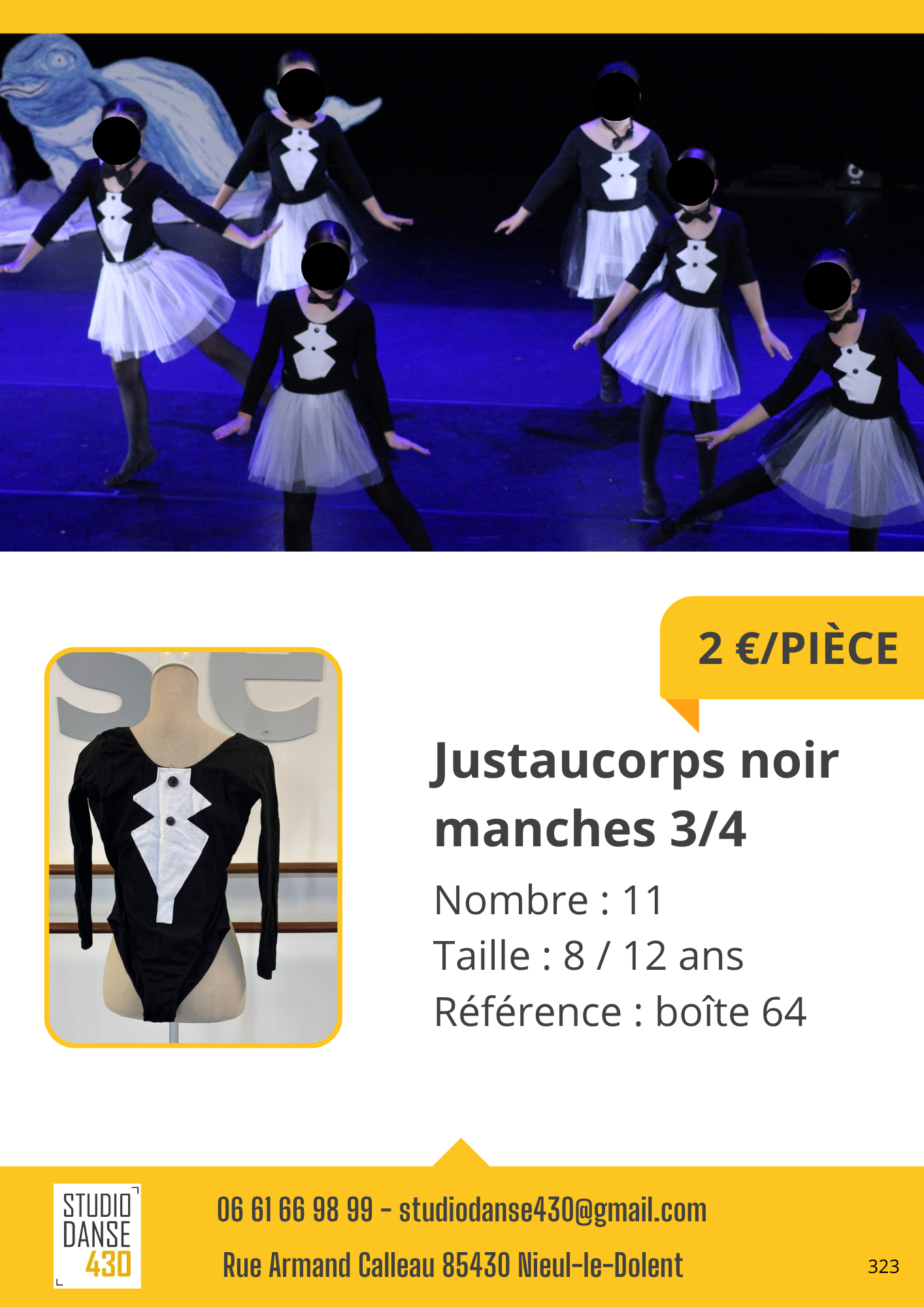 Justaucorps noir manches 3/4