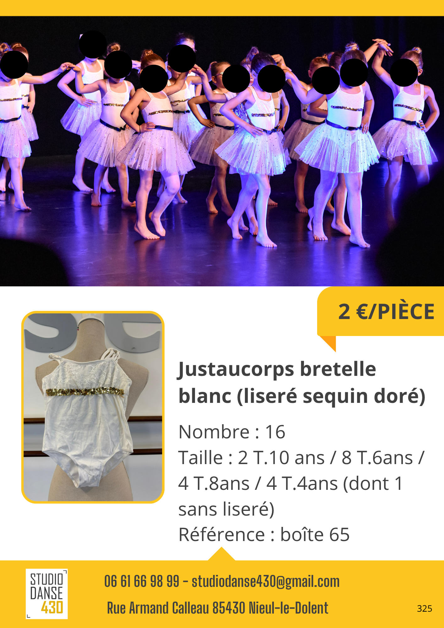 Justaucorps bretelle blanc (liseré sequin doré)