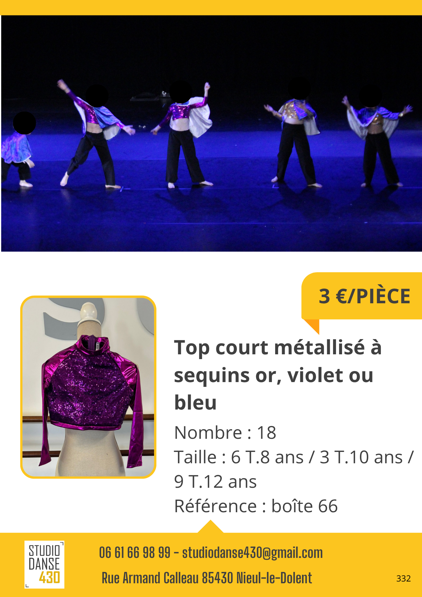 Top court métallisé à sequins or, violet ou bleu